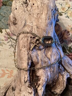 Antique Brass Carabiner Paperclip Necklace w/ Ankh Cross Charm 16”